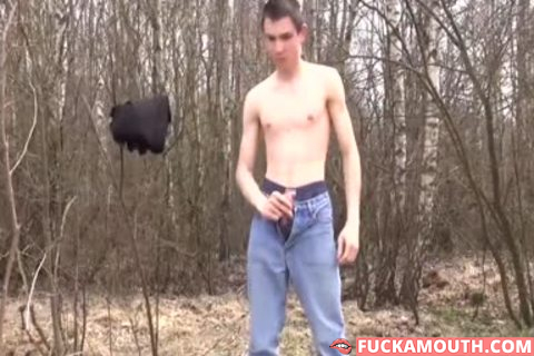 Lad With Large chubby penis Jerking In Nature And Cums On Himself